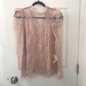 Blush pink lace puff shoulder blouse